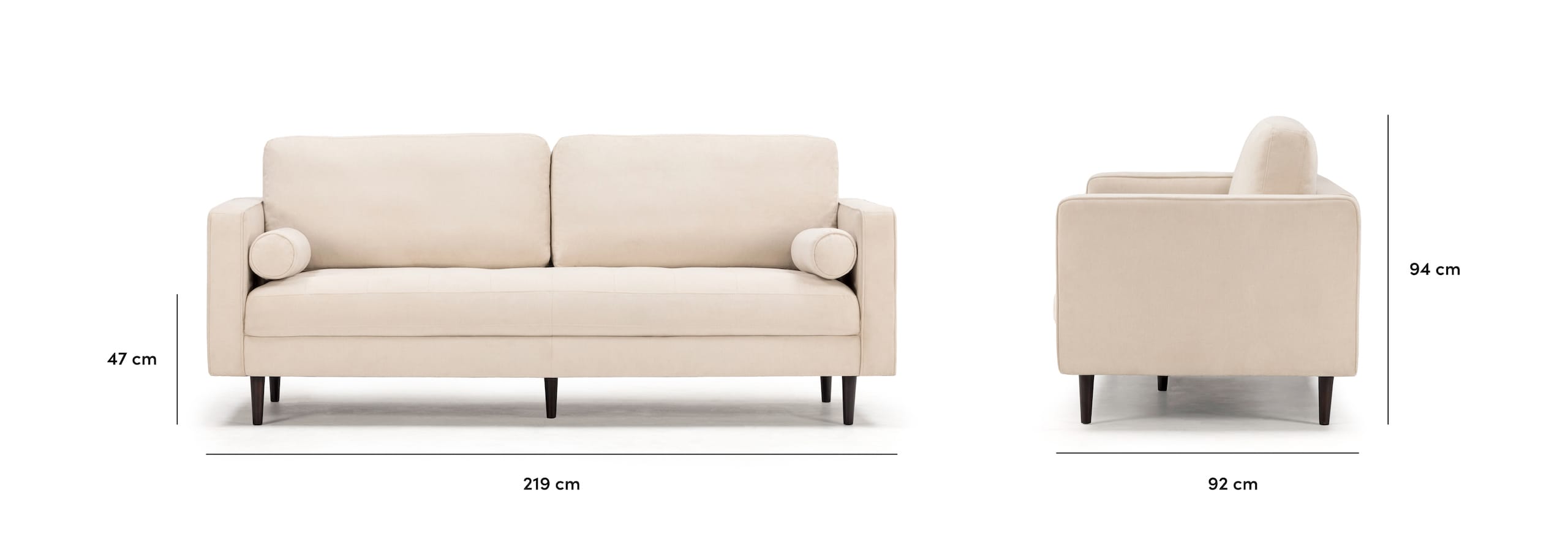 Soho sofa in ivory with dimensions